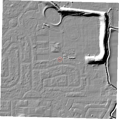 Shaded relief map of the ground around HU94HZ, computed from Environment Agency LiDAR. The ground here sits at about 2 m above sea level and falls 11 m across the surrounding 800 m. Surface water reaching this point runs off ground lying to the east-north-east, 10.5 m higher.