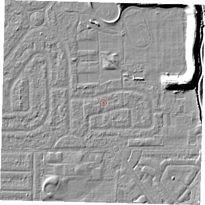 Shaded relief map of the ground around HU94JA, computed from Environment Agency LiDAR. The ground here sits at about 2 m above sea level and falls 11 m across the surrounding 800 m. Surface water reaching this point runs off ground lying to the south-south-west, 0.7 m higher.