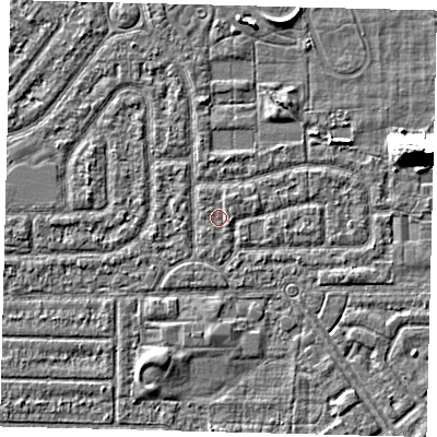Shaded relief map of the ground around HU94JB, computed from Environment Agency LiDAR. The ground here sits at about 2 m above sea level and falls 8 m across the surrounding 800 m. Surface water reaching this point runs off ground lying to the east-south-east, 0.6 m higher.