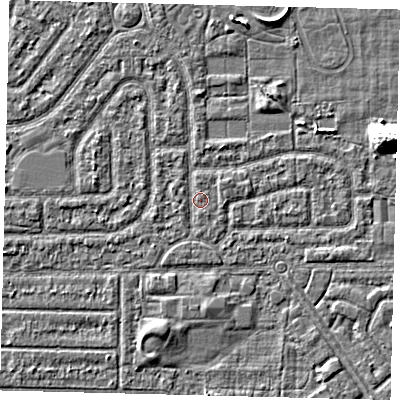 Shaded relief map of the ground around HU94JD, computed from Environment Agency LiDAR. The ground here sits at about 2 m above sea level and falls 7 m across the surrounding 800 m. Surface water reaching this point runs off ground lying to the west, 0.6 m higher.