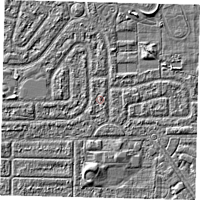 Shaded relief map of the ground around HU94JE, computed from Environment Agency LiDAR. The ground here sits at about 2 m above sea level and falls 2 m across the surrounding 800 m. Surface water reaching this point runs off ground lying to the south-south-east, 0.6 m higher.