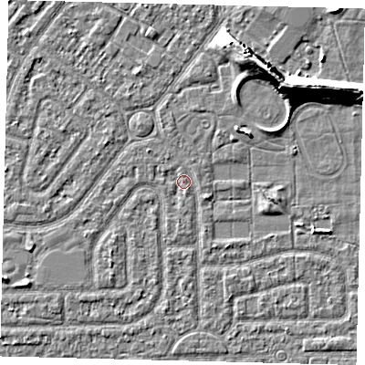 Shaded relief map of the ground around HU94JG, computed from Environment Agency LiDAR. The ground here sits at about 2 m above sea level and falls 9 m across the surrounding 800 m. Surface water reaching this point runs off ground lying to the north-east, 8.6 m higher.