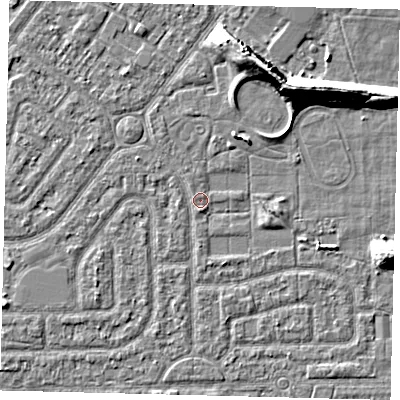 Shaded relief map of the ground around HU94JH, computed from Environment Agency LiDAR. The ground here sits at about 2 m above sea level and falls 9 m across the surrounding 800 m. Surface water reaching this point runs off ground lying to the north-east, 9.0 m higher.