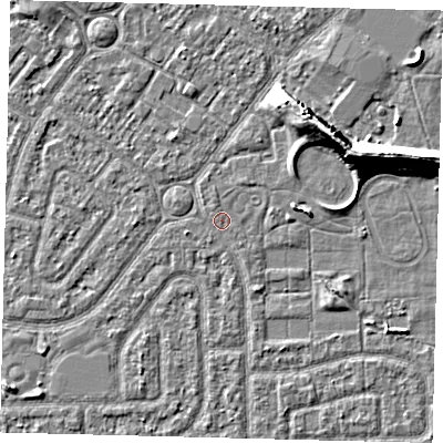 Shaded relief map of the ground around HU94JJ, computed from Environment Agency LiDAR. The ground here sits at about 2 m above sea level and falls 9 m across the surrounding 800 m. Surface water reaching this point runs off ground lying to the east-north-east, 9.1 m higher.
