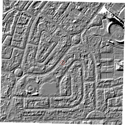Shaded relief map of the ground around HU94JL, computed from Environment Agency LiDAR. The ground here sits at about 2 m above sea level and falls 9 m across the surrounding 800 m. Surface water reaching this point runs off ground lying to the north, 0.7 m higher.