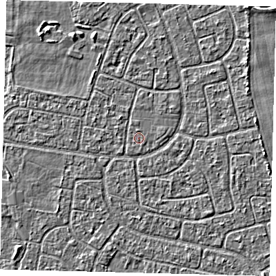 Shaded relief map of the ground around HU94JT, computed from Environment Agency LiDAR. The ground here sits at about 2 m above sea level and falls 3 m across the surrounding 800 m. The ground contributing surface water to this point lies to the east-north-east.