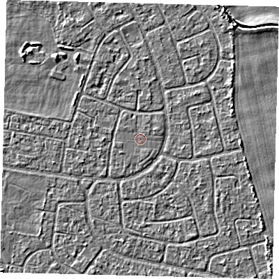 Shaded relief map of the ground around HU94JU, computed from Environment Agency LiDAR. The ground here sits at about 2 m above sea level and falls 3 m across the surrounding 800 m. The ground contributing surface water to this point lies to the north-north-east.