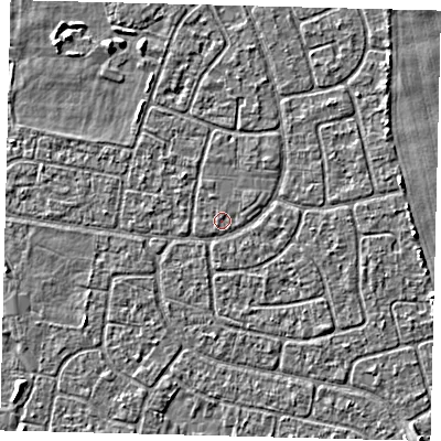 Shaded relief map of the ground around HU94JY, computed from Environment Agency LiDAR. The ground here sits at about 2 m above sea level and falls 3 m across the surrounding 800 m. Surface water reaching this point runs off ground lying to the east-north-east, 1.7 m higher.