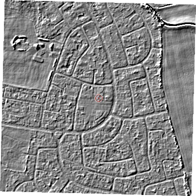 Shaded relief map of the ground around HU94JZ, computed from Environment Agency LiDAR. The ground here sits at about 2 m above sea level and falls 3 m across the surrounding 800 m. The ground contributing surface water to this point lies to the north-north-east.