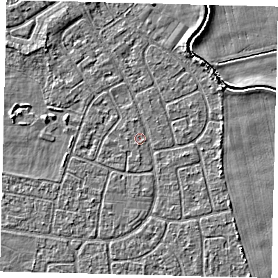 Shaded relief map of the ground around HU94LA, computed from Environment Agency LiDAR. The ground here sits at about 2 m above sea level and falls 3 m across the surrounding 800 m. Surface water reaching this point runs off ground lying to the south, 0.6 m higher.