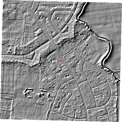 Shaded relief map of the ground around HU94LB, computed from Environment Agency LiDAR. The ground here sits at about 2 m above sea level and falls 3 m across the surrounding 800 m. Surface water reaching this point runs off ground lying to the north-east, 2.4 m higher.