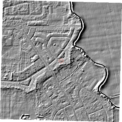 Shaded relief map of the ground around HU94LD, computed from Environment Agency LiDAR. The ground here sits at about 2 m above sea level and falls 3 m across the surrounding 800 m. Surface water reaching this point runs off ground lying to the north-east, 1.8 m higher.