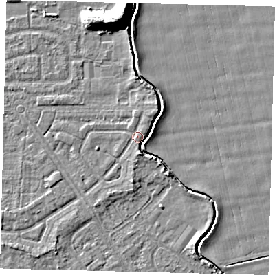 Shaded relief map of the ground around HU94LE, computed from Environment Agency LiDAR. The ground here sits at about 3 m above sea level and falls 11 m across the surrounding 800 m. Surface water reaching this point runs off ground lying to the south-east, 2.7 m higher.