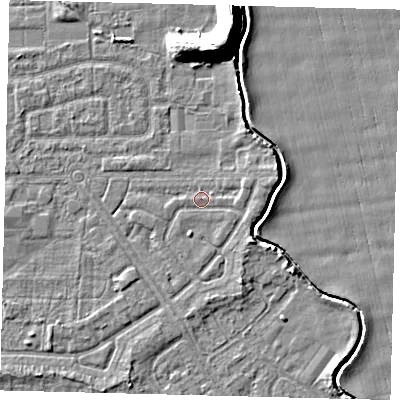 Shaded relief map of the ground around HU94LH, computed from Environment Agency LiDAR. The ground here sits at about 2 m above sea level and falls 11 m across the surrounding 800 m. Surface water reaching this point runs off ground lying to the east, 0.9 m higher.