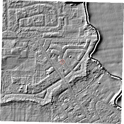 Shaded relief map of the ground around HU94LJ, computed from Environment Agency LiDAR. The ground here sits at about 2 m above sea level and falls 4 m across the surrounding 800 m. Surface water reaching this point runs off ground lying to the east-north-east, 1.0 m higher.