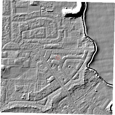 Shaded relief map of the ground around HU94LL, computed from Environment Agency LiDAR. The ground here sits at about 2 m above sea level and falls 11 m across the surrounding 800 m. Surface water reaching this point runs off ground lying to the east, 0.6 m higher.