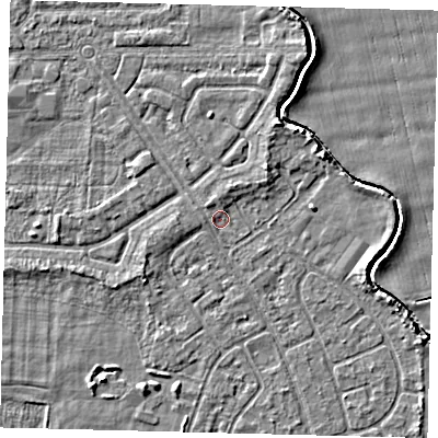 Shaded relief map of the ground around HU94LN, computed from Environment Agency LiDAR. The ground here sits at about 2 m above sea level and falls 3 m across the surrounding 800 m. Surface water reaching this point runs off ground lying to the north, 1.1 m higher.