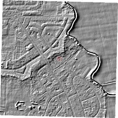 Shaded relief map of the ground around HU94LP, computed from Environment Agency LiDAR. The ground here sits at about 2 m above sea level and falls 3 m across the surrounding 800 m. Surface water reaching this point runs off ground lying to the north-west, 1.2 m higher.