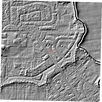 Shaded relief map of the ground around HU94LQ, computed from Environment Agency LiDAR. The ground here sits at about 2 m above sea level and falls 3 m across the surrounding 800 m. Surface water reaching this point runs off ground lying to the east, 1.9 m higher.