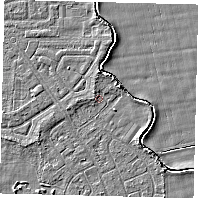 Shaded relief map of the ground around HU94LR, computed from Environment Agency LiDAR. The ground here sits at about 2 m above sea level and falls 3 m across the surrounding 800 m. Surface water reaching this point runs off ground lying to the north, 2.2 m higher.