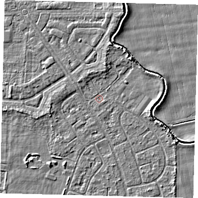 Shaded relief map of the ground around HU94LS, computed from Environment Agency LiDAR. The ground here sits at about 2 m above sea level and falls 3 m across the surrounding 800 m. Surface water reaching this point runs off ground lying to the north-east, 2.3 m higher.