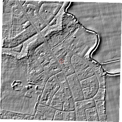 Shaded relief map of the ground around HU94LT, computed from Environment Agency LiDAR. The ground here sits at about 2 m above sea level and falls 3 m across the surrounding 800 m. Surface water reaching this point runs off ground lying to the north-north-east, 2.4 m higher.