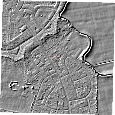 Shaded relief map of the ground around HU94LU, computed from Environment Agency LiDAR. The ground here sits at about 2 m above sea level and falls 3 m across the surrounding 800 m. Surface water reaching this point runs off ground lying to the east-north-east, 0.6 m higher.