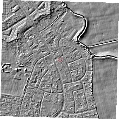 Shaded relief map of the ground around HU94LX, computed from Environment Agency LiDAR. The ground here sits at about 2 m above sea level and falls 3 m across the surrounding 800 m. Surface water reaching this point runs off ground lying to the north-east, 2.5 m higher.