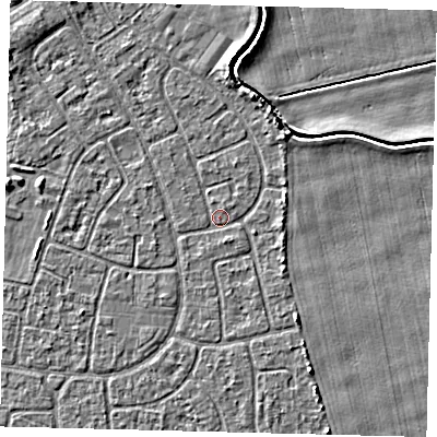 Shaded relief map of the ground around HU94LZ, computed from Environment Agency LiDAR. The ground here sits at about 2 m above sea level and falls 3 m across the surrounding 800 m. Surface water reaching this point runs off ground lying to the north-north-east, 2.0 m higher.