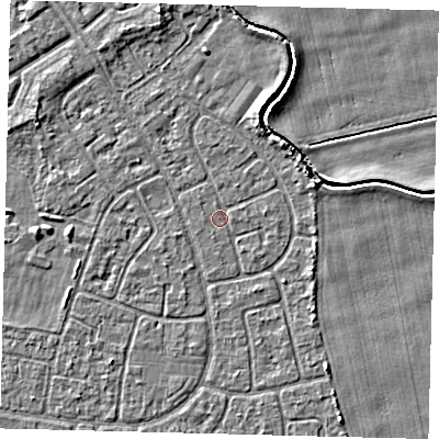 Shaded relief map of the ground around HU94NA, computed from Environment Agency LiDAR. The ground here sits at about 2 m above sea level and falls 3 m across the surrounding 800 m. Surface water reaching this point runs off ground lying to the north-north-east, 2.5 m higher.
