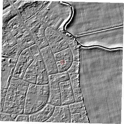 Shaded relief map of the ground around HU94NB, computed from Environment Agency LiDAR. The ground here sits at about 2 m above sea level and falls 3 m across the surrounding 800 m. Surface water reaching this point runs off ground lying to the north-north-east, 0.6 m higher.