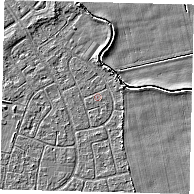 Shaded relief map of the ground around HU94ND, computed from Environment Agency LiDAR. The ground here sits at about 2 m above sea level and falls 3 m across the surrounding 800 m. Surface water reaching this point runs off ground lying to the north, 2.5 m higher.