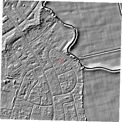 Shaded relief map of the ground around HU94NE, computed from Environment Agency LiDAR. The ground here sits at about 2 m above sea level and falls 4 m across the surrounding 800 m. The ground contributing surface water to this point lies to the south.