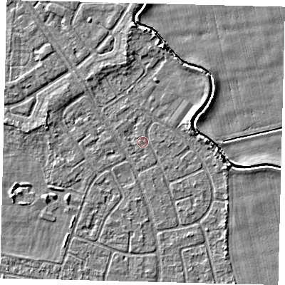 Shaded relief map of the ground around HU94NG, computed from Environment Agency LiDAR. The ground here sits at about 2 m above sea level and falls 3 m across the surrounding 800 m. Surface water reaching this point runs off ground lying to the north-north-west, 0.6 m higher.
