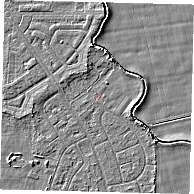 Shaded relief map of the ground around HU94NH, computed from Environment Agency LiDAR. The ground here sits at about 2 m above sea level and falls 3 m across the surrounding 800 m. Surface water reaching this point runs off ground lying to the east-north-east, 1.2 m higher.