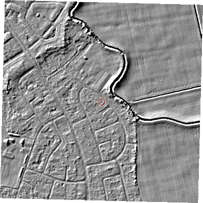 Shaded relief map of the ground around HU94NJ, computed from Environment Agency LiDAR. The ground here sits at about 2 m above sea level and falls 4 m across the surrounding 800 m. Surface water reaching this point runs off ground lying to the north-north-east, 2.5 m higher.