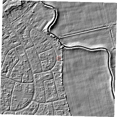 Shaded relief map of the ground around HU94NL, computed from Environment Agency LiDAR. The ground here sits at about 2 m above sea level and falls 3 m across the surrounding 800 m. Surface water reaching this point runs off ground lying to the north, 2.0 m higher.