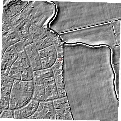 Shaded relief map of the ground around HU94NN, computed from Environment Agency LiDAR. The ground here sits at about 2 m above sea level and falls 3 m across the surrounding 800 m. Surface water reaching this point runs off ground lying to the south, 1.5 m higher.