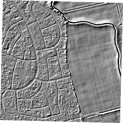 Shaded relief map of the ground around HU94NP, computed from Environment Agency LiDAR. The ground here sits at about 2 m above sea level and falls 3 m across the surrounding 800 m. Surface water reaching this point runs off ground lying to the south-south-east, 0.6 m higher.