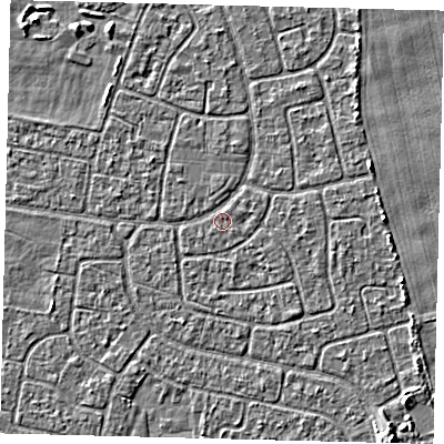 Shaded relief map of the ground around HU94NS, computed from Environment Agency LiDAR. The ground here sits at about 2 m above sea level and falls 4 m across the surrounding 800 m. The ground contributing surface water to this point lies to the south.