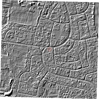 Shaded relief map of the ground around HU94NT, computed from Environment Agency LiDAR. The ground here sits at about 2 m above sea level and falls 2 m across the surrounding 800 m. Surface water reaching this point runs off ground lying to the east-north-east, 1.7 m higher.