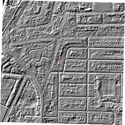 Shaded relief map of the ground around HU94PB, computed from Environment Agency LiDAR. The ground here sits at about 2 m above sea level and falls 5 m across the surrounding 800 m. Surface water reaching this point runs off ground lying to the north-north-east, 1.1 m higher.