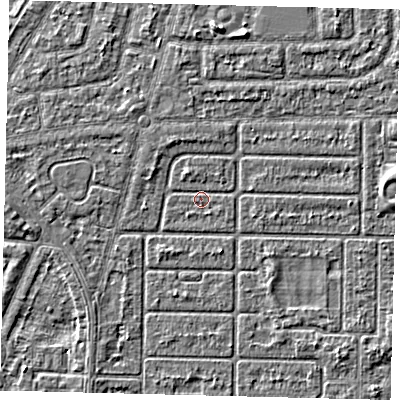 Shaded relief map of the ground around HU94PD, computed from Environment Agency LiDAR. The ground here sits at about 2 m above sea level and falls 3 m across the surrounding 800 m. Surface water reaching this point runs off ground lying to the north-north-west, 0.9 m higher.
