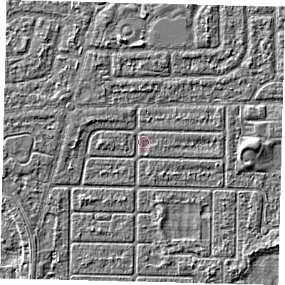 Shaded relief map of the ground around HU94PE, computed from Environment Agency LiDAR. The ground here sits at about 2 m above sea level and falls 3 m across the surrounding 800 m. Surface water reaching this point runs off ground lying to the north-west, 0.7 m higher.
