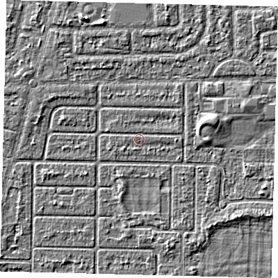 Shaded relief map of the ground around HU94PG, computed from Environment Agency LiDAR. The ground here sits at about 2 m above sea level and falls 2 m across the surrounding 800 m. Surface water reaching this point runs off ground lying to the east, 0.8 m higher.