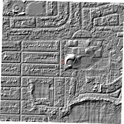 Shaded relief map of the ground around HU94PH, computed from Environment Agency LiDAR. The ground here sits at about 2 m above sea level and falls 2 m across the surrounding 800 m. Surface water reaching this point runs off ground lying to the east-north-east, 1.4 m higher.