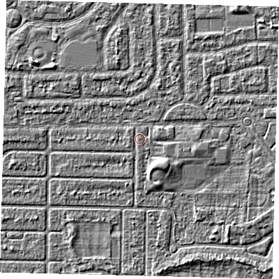 Shaded relief map of the ground around HU94PJ, computed from Environment Agency LiDAR. The ground here sits at about 2 m above sea level and falls 2 m across the surrounding 800 m. Surface water reaching this point runs off ground lying to the south-east, 1.7 m higher.