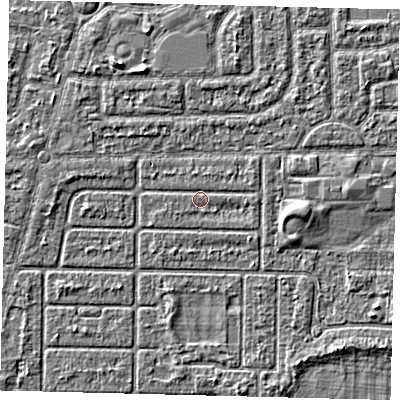 Shaded relief map of the ground around HU94PL, computed from Environment Agency LiDAR. The ground here sits at about 2 m above sea level and falls 2 m across the surrounding 800 m. Surface water reaching this point runs off ground lying to the south-south-west, 0.6 m higher.
