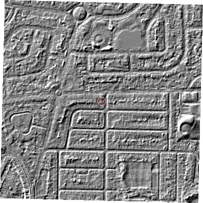 Shaded relief map of the ground around HU94PN, computed from Environment Agency LiDAR. The ground here sits at about 2 m above sea level and falls 2 m across the surrounding 800 m. Surface water reaching this point runs off ground lying to the north, 0.6 m higher.