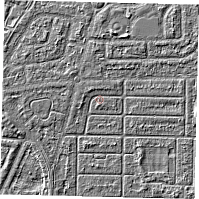 Shaded relief map of the ground around HU94PP, computed from Environment Agency LiDAR. The ground here sits at about 2 m above sea level and falls 3 m across the surrounding 800 m. Surface water reaching this point runs off ground lying to the north-west, 1.0 m higher.